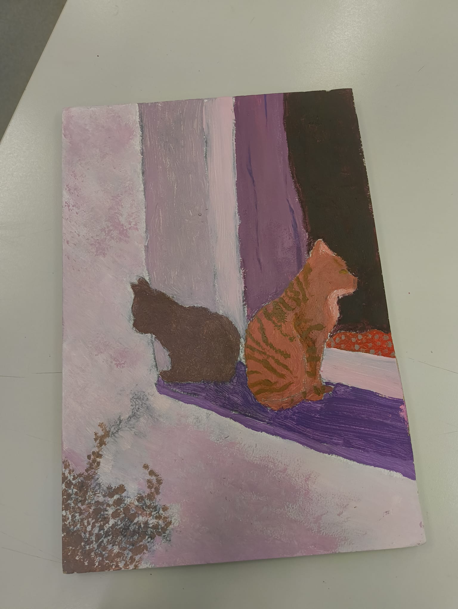 maalattu kuva kahdesta kissasta ikkunalaudalla.